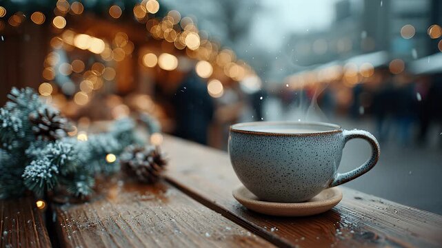 Winterliche Hei&szlig;getr&auml;nke auf dem Weihnachtsmarkt &ndash; stimmungsvolle Szene