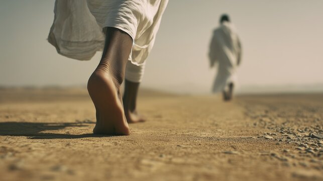 Jesus walks on a path in a desert area while another figure follows him closely during bright daylight