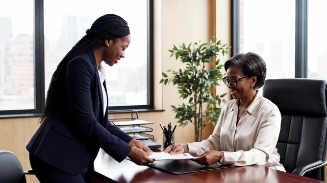 A young professional woman hands her resume to a manager during a job interview. Two Black businesswomen meeting in a modern corporate office. Hiring and recruitment concept