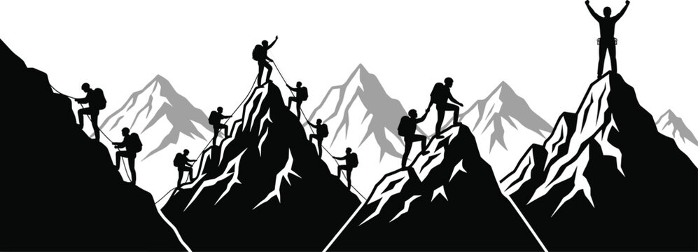 Mountain climber silhouette, teamwork ascent, summit pose, rope climbing, vector art, black figure, isolated, white background, achievement, perseverance