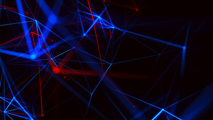 An abstract network, made in dark tones with bright red and blue lines, creates a sense of depth and movement. Subtle connections and nodes form a digital structure reminiscent of technological or