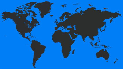 A minimalist world map, with the continents highlighted in dark colors against a bright blue ocean backdrop. The map features a modern graphic design that combines simplicity and information.