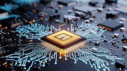 Close-up of a glowing golden microchip on a circuit board with intricate blue lines illuminating the technological expanse