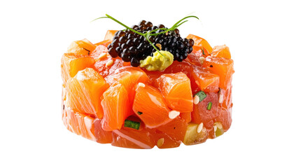 Salmon Tartare Appetizer Expertly Prepared with Caviar and Wasabi on Top Vibrant Orange Cubes Isolated Transparent Background
