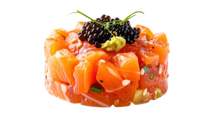 Salmon Tartare Appetizer Expertly Prepared with Caviar and Wasabi on Top Vibrant Orange Cubes Isolated Transparent Background