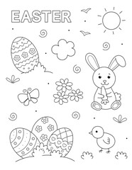 cute easter coloring sheet, black and white design with bunny and easter eggs. You can print it on an 8.5x11 inch page. Exclusive on Adobe Stock.