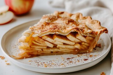 Close-up of classic apple pie slice on ceramic plate. Warm lighting highlights golden crust and cinnamon-dusted apple filling. Neural network AI generated