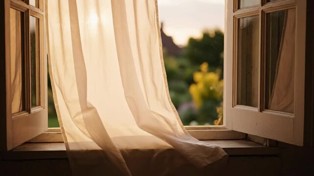 White transparent curtain blowing in wind at open window with blurred garden view during sunset