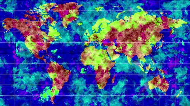 A colorful world map in a thermal visualization style, with continents in vibrant shades of red and yellow and oceans in deep blue. The animation is reminiscent of satellite images or climate maps.