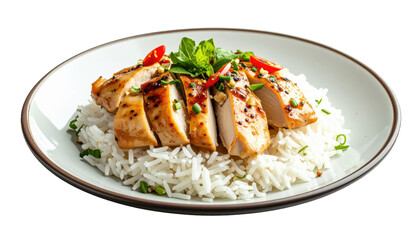 Savory Lemongrass Chicken Slices Crowned with Fresh Mint and Chili Over Fluffy White Rice Served on a White Plate Isolated Transparent Background