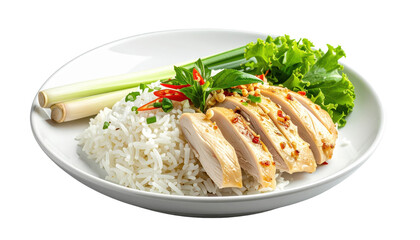 Sliced Lemongrass Chicken Breast Served with Fluffy White Rice and Fresh Lettuce Garnish on a White Plate Isolated Transparent Background