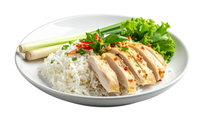 Sliced Lemongrass Chicken Breast Served with Fluffy White Rice and Fresh Lettuce Garnish on a White Plate Isolated Transparent Background