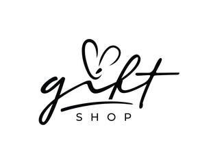 Fototapeta premium Beautiful ribbon with lettering gift shop vector logo, handwriting gift shop logo design, gift love vector logo design