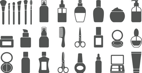 A premium set of minimalist black and white beauty icons featuring cosmetic products, skincare essentials, and professional makeup tools, ideal for UI design, branding, websites, and digital projects.