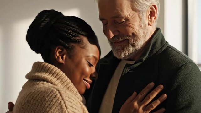 An affectionate interracial couple sharing a tender hug. A younger Black woman and an older white man embrace and smile warmly. Love and relationship concept