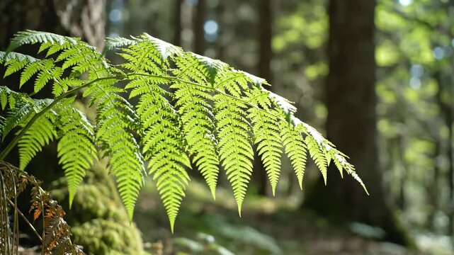 Lush green fern frond unfurling in a sun-dappled forest.