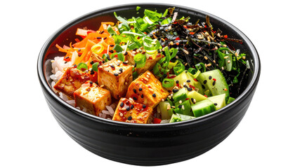 Spicy Tofu Poke Bowl with Rice Cucumber Carrot Seaweed and Sesame Seeds Isolated Transparent Background