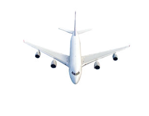 Large, four-engine jetliner in aerial view