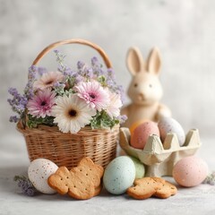 Easter celebration: floral basket, painted eggs, and bunny decor enhance festive mood