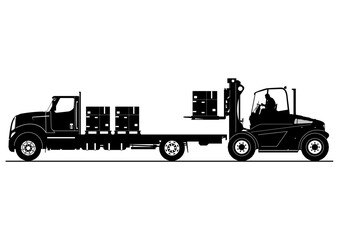 Silhouette of a forklift unloading a flatbed truck. Vector.
