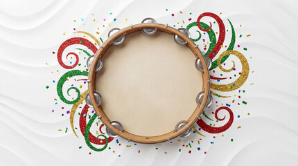 Template de Carnaval Limpo com Pandeiro Central e Elementos de Glitter para Varejo e Supermercado - Fundo Branco