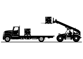 Silhouette of a forklift unloading a flatbed truck. Vector.