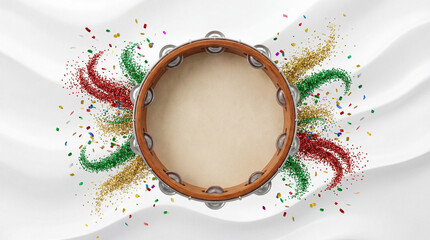 Template de Carnaval Limpo com Pandeiro Central e Elementos de Glitter para Varejo e Supermercado - Fundo Branco