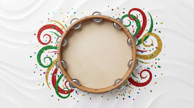 Template de Carnaval Limpo com Pandeiro Central e Elementos de Glitter para Varejo e Supermercado - Fundo Branco
