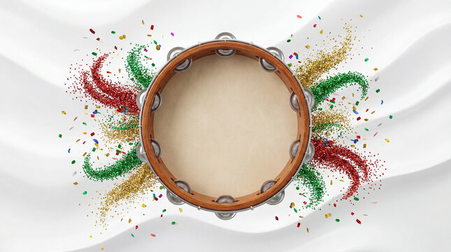 Template de Carnaval Limpo com Pandeiro Central e Elementos de Glitter para Varejo e Supermercado - Fundo Branco