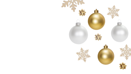 Gold and white ornaments with snowflakes arranged on a light background for holiday decoration. png 