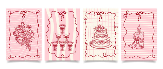 Wedding invitation cards with champagne glasses, cake and flowers. Hand drawn fancy greeting cards. Sketch.