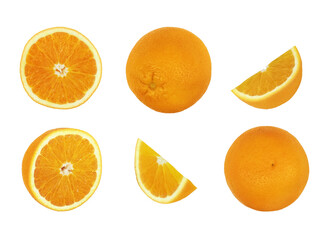 Display of oranges in different cuts and whole fruit on white background. png 