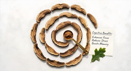 Dried Reishi mushroom flat lay with a list of cognitive benefits.

