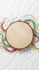 Template de Carnaval Limpo com Pandeiro Central e Elementos de Glitter para Varejo e Supermercado - Fundo Branco