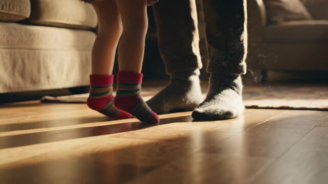 Low angle close up of father and daughter feet in socks dancing on wooden floor in warm sunlight