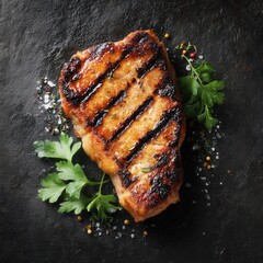 Grilled pork steak with fresh parsley on dark stone background