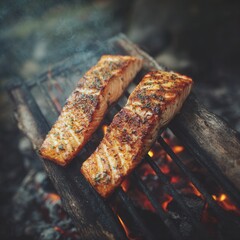 Grilled salmon on open flame outdoor cooking with seasoned herbs