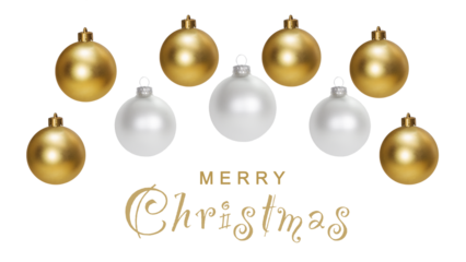 gold Christmas balls, Christmas ornaments with gold and white colors and a greeting displayed below. png 