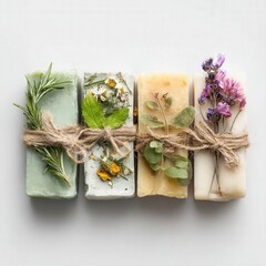 Handcrafted natural soaps with herbs and flowers on white background