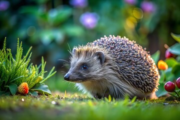 Fototapeta premium Small hedgehog on green grass among bright plants and berries in summer garden, wildlife