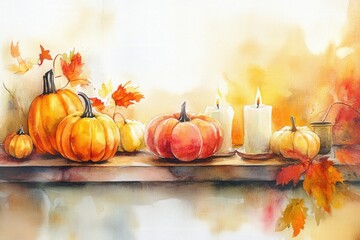 Autumn still life with pumpkins, candles, and falling leaves in warm tones