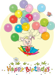 Birthday card with a funny cartoony little piglet flying in an umbrella with colorful toy balloons and merry butterfly over a green summer lawn, vector cartoon illustration