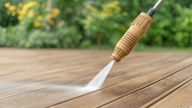 High Pressure Water Spray on Wooden Deck Surface During Cleaning Process in Bright Outdoor Environment 4k video footage