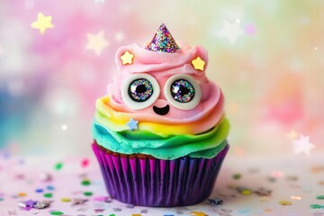 Colorful rainbow cupcake with cute bear face and sparkly decorations