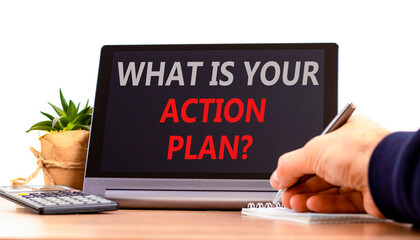 What is your action plan symbol. Concept words What is your action plan on beautiful tablet. Beautiful white background. Businessman's hand. Business what is your action plan concept. Copy space.