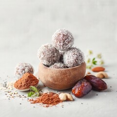 Coconut-covered energy balls with dates, nuts, and cocoa in wooden bowl