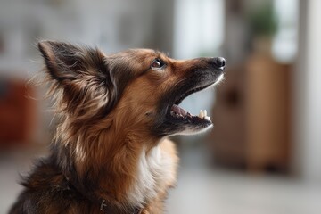 Dog barking with open mouth on blurred home background, pet behavior concept