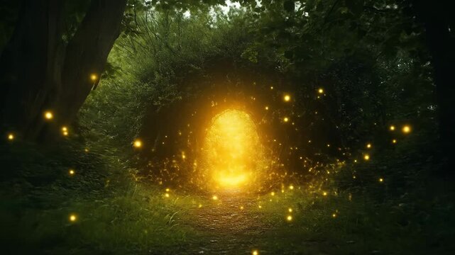 Glowing portal in a forest clearing surrounded by sparkling lights at dusk