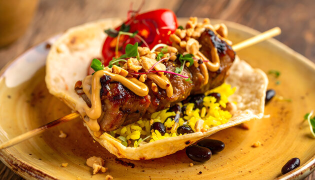 Rice paper bowl with satay skewers on turmeric rice, black beans and creamy peanut sauce. Detailed macro food photography on a rustic wooden background.