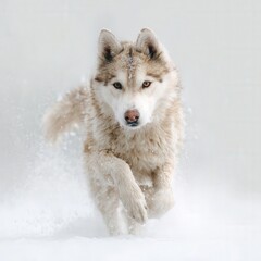 Siberian husky running through snow in winter landscape
